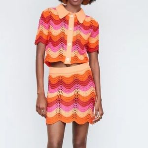 Mango pink and orange knit set top and skirt NWOT size small